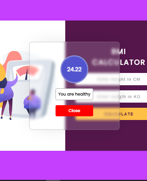 Screenshot of BMI calculator app showing the user interface